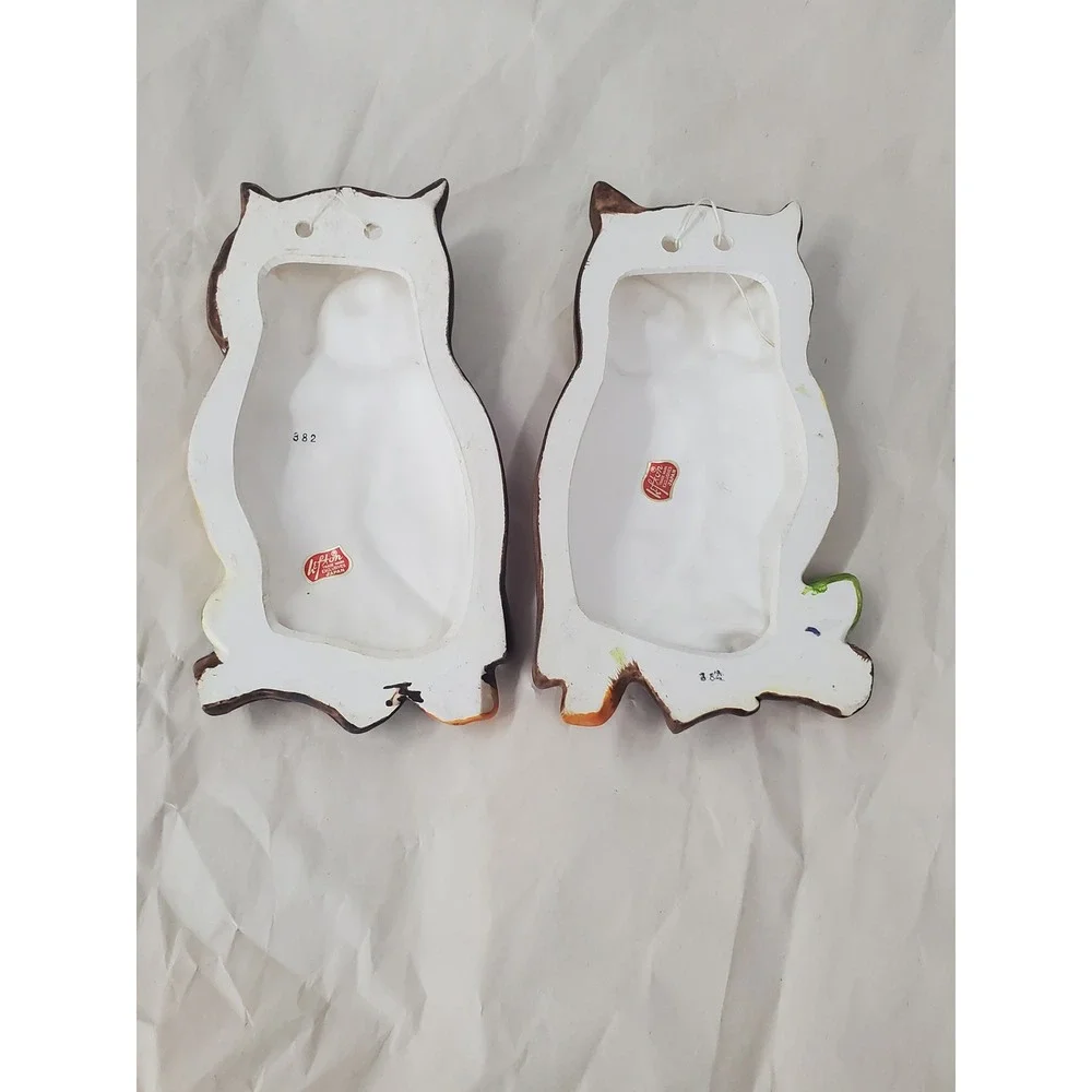 Vintage Lefton Ceramic Owl Wall Plaques‎ Set of 2 Brown Orange Yellow Japan 382